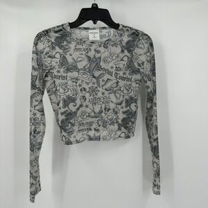 Social Tourist Womens Y2K Tattoo Mesh Top Size S Sheer Edgy Streetwear Crop‎